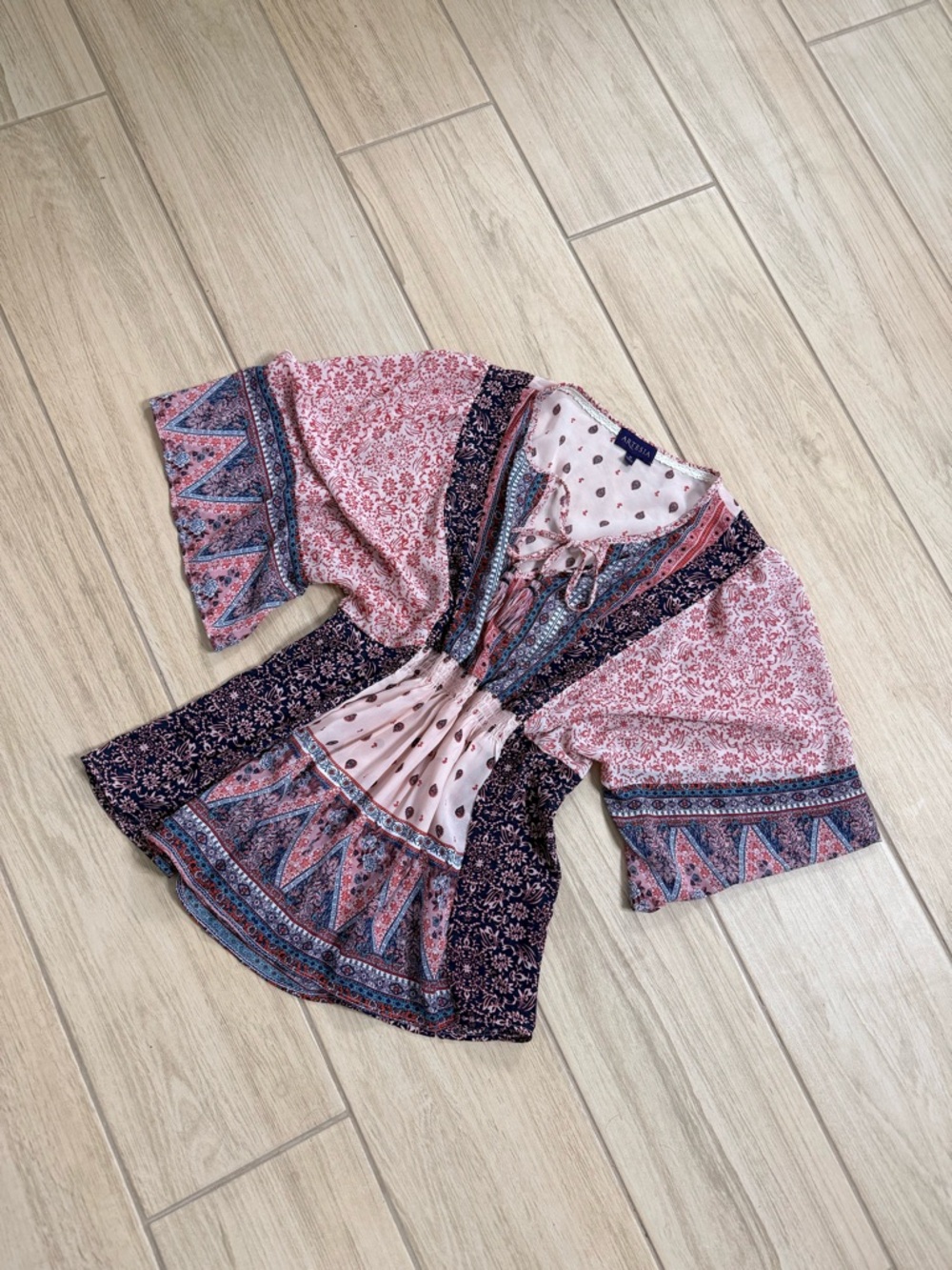 Artesia Boho Floral Patchwork Blouse M Bell Sleeve Tassel Tie Festival